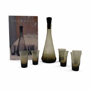 Classic Elements MCM Cordial Set Smoked Glass Decanter Carafe + 6 Glasses w/ Box